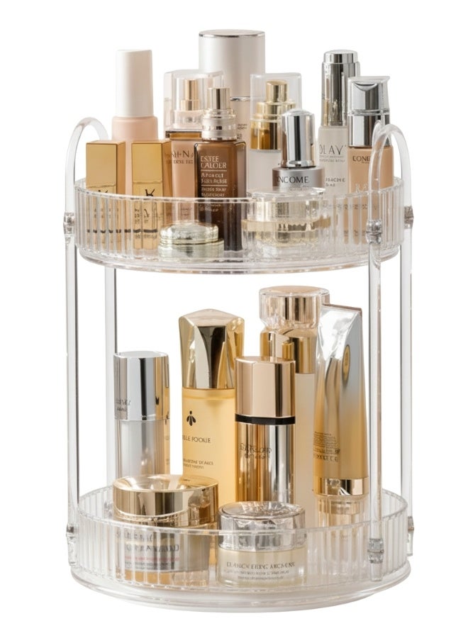 منظمة مكياج وعطور أكريليك دوّارة 360 درجة مكوّنة من طبقتين بسعة تخزين كبيرة – حامل شفاف فاخر لتنظيم وتخزين مستحضرات التجميل والعناية بالبشرة والعطور والكريمات والسيروم وأدوات المكياج بشكل أنيق وعملي على التسريحة أو داخل غرفة النوم والحمام - Image 1